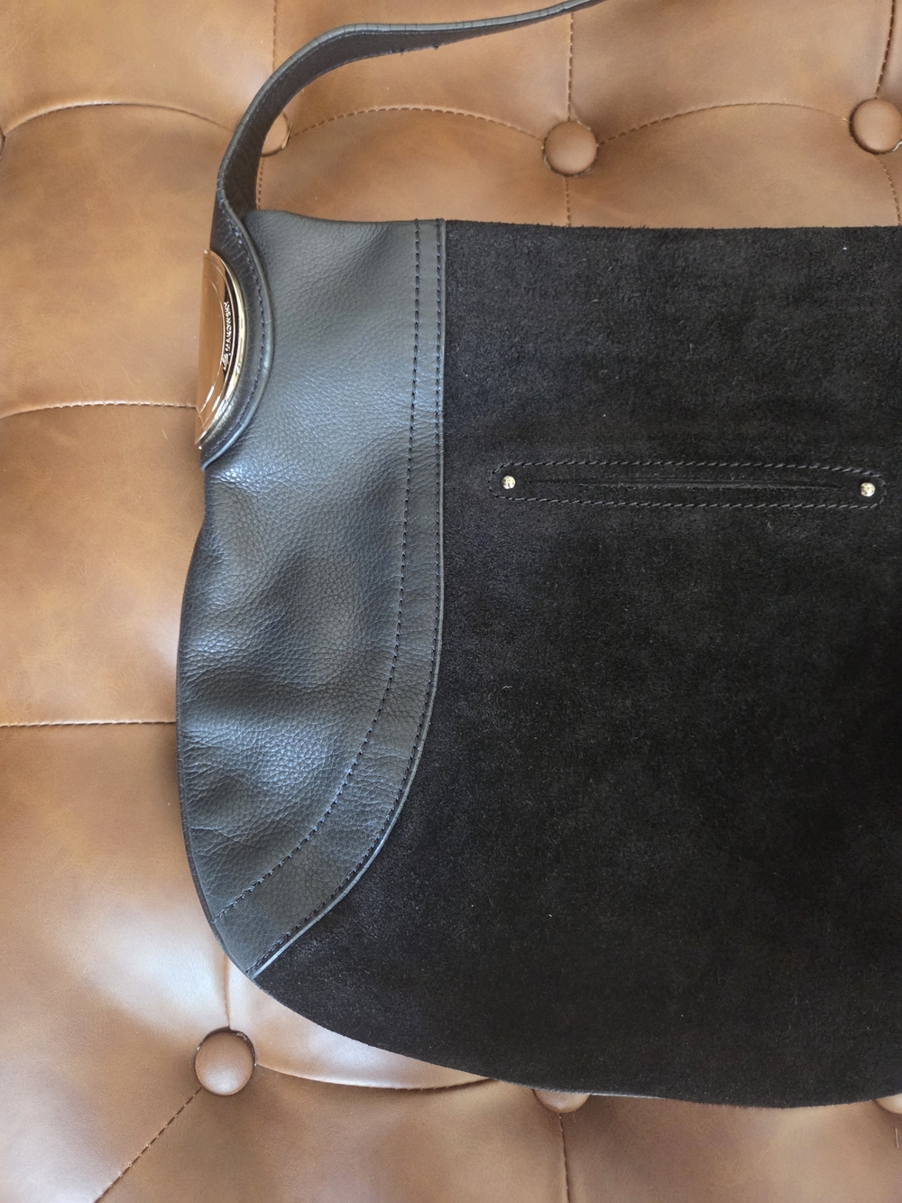b. makowsky Black Suede & Leather Shoulder Bag with Gold Accents - Picture 14 of 14